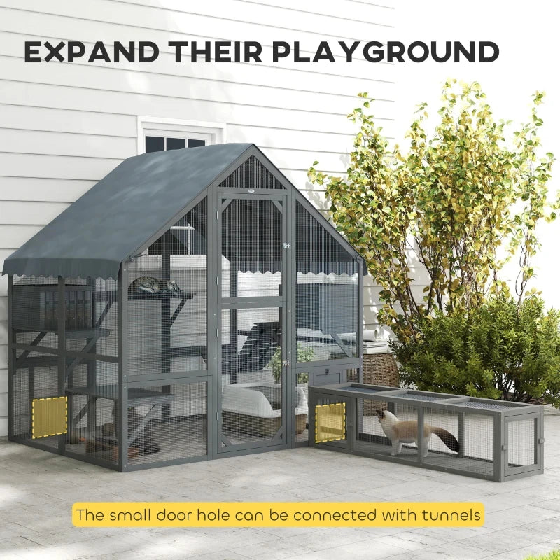 Large Outdoor Cat Patio (73" W) - 6-Tier Catio with Condos, Platforms & Ladder, Fir Wood, Waterproof & Anti-UV Design