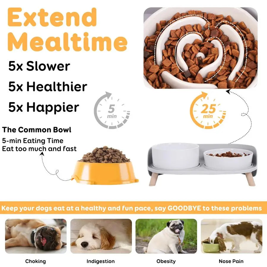 Slow Feeder Dog Bowls Ceramic Food and Water Bowl Set with Stand Raised Pet Dishes for Small and Medium Sized Dogs