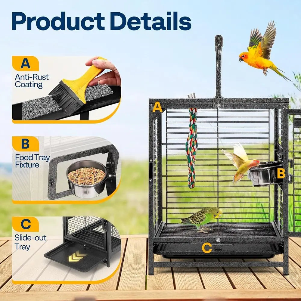 19 Inch Wrought Iron Bird Travel Carrier Cage for Parrots, Conures, Lovebirds, Cockatiels, Parakeets