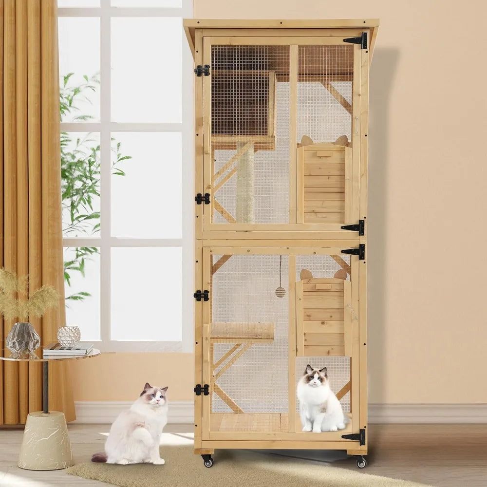 71 Catio Outdoor Cat Enclosure Window Access, 4 Tiers Cats Playpen with Wheels, Resting Box & Waterproof Roof, Indoor