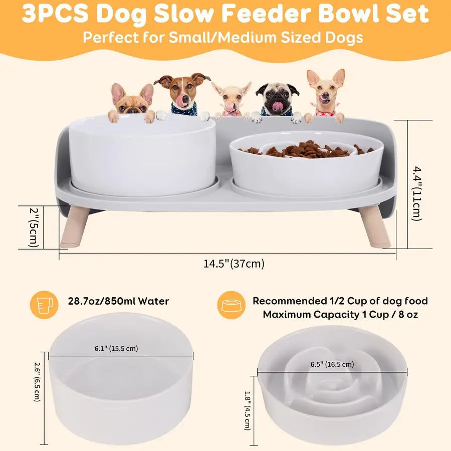 Slow Feeder Dog Bowls Ceramic Food and Water Bowl Set with Stand Raised Pet Dishes for Small and Medium Sized Dogs