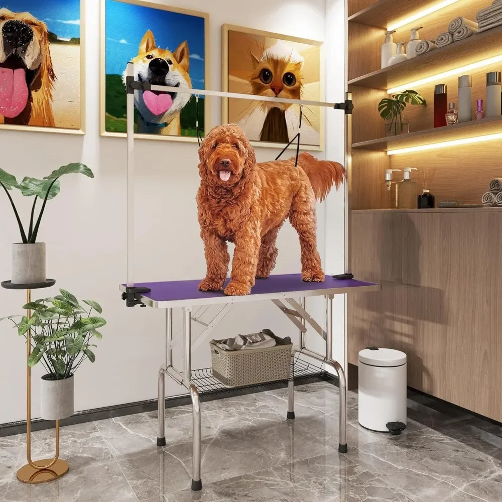 "collapsible stainless steel dog grooming table supporting up to 330lbs, ideal for professional pet bathing and drying"