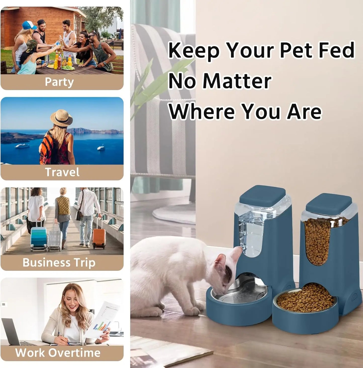 2-Pack Automatic Pet Feeder and Water Dispenser Set for Cats and Dogs, Stainless Steel Bowl, Navy Blue