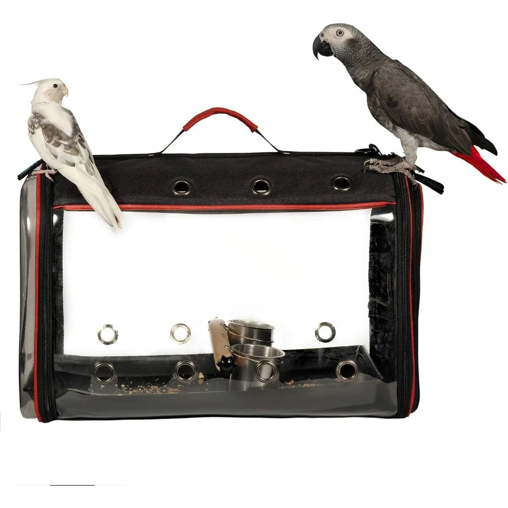 Lightweight Bird Travel Cage with Feeder Cups & Perch, Large 19x12x13 Inch Black Portable Carrier