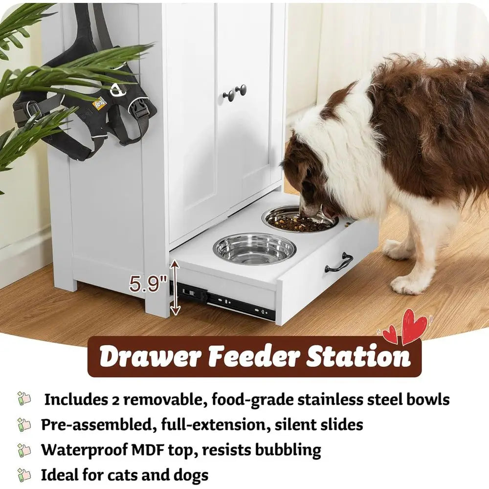 Elevated Dog Bowls Storage Cabinet, Wood Pet Feeder Station Organizer, White