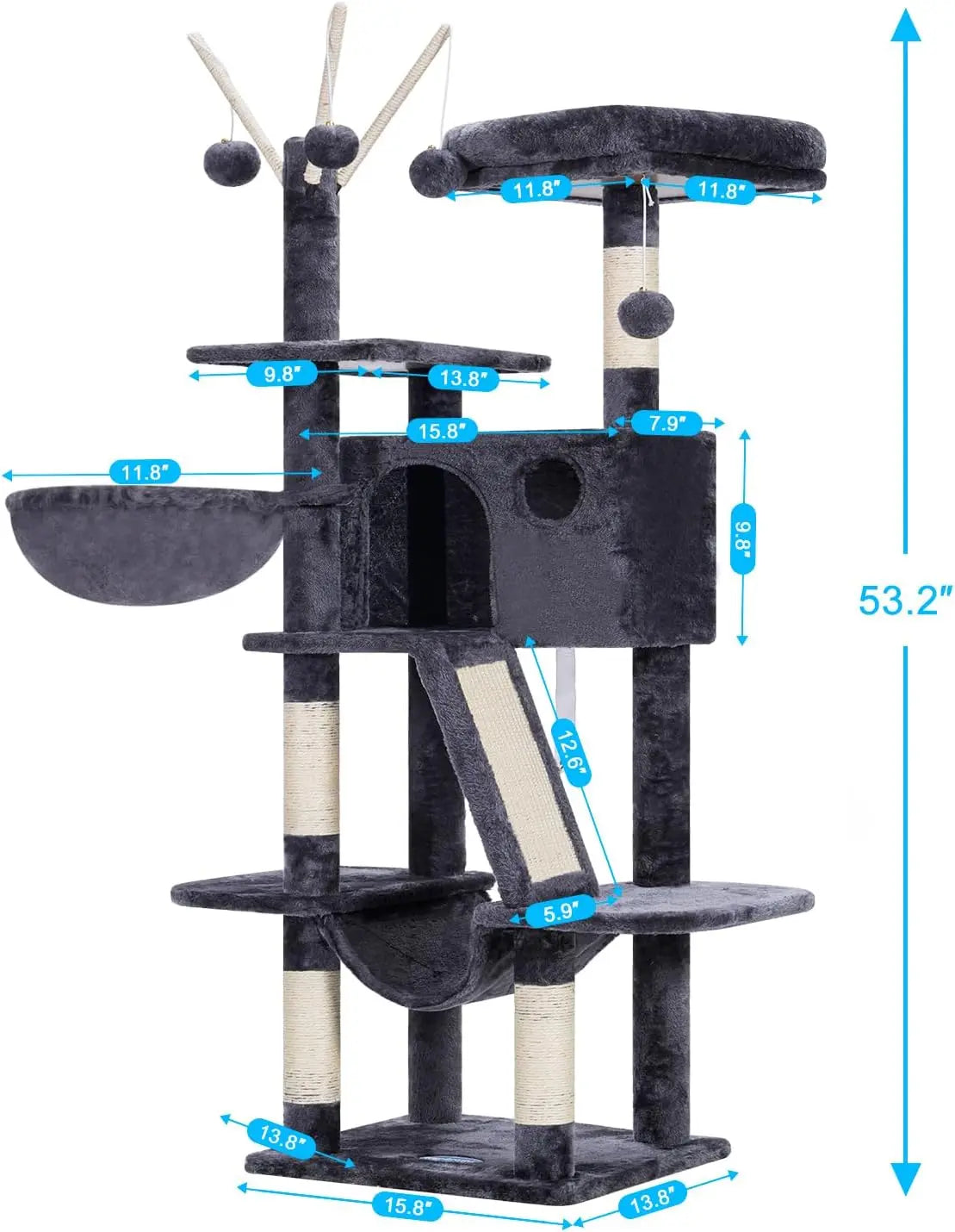53-Inch Cat Tower with Padded Bed, Cozy Condo, Hammocks & Scratching Posts for Indoor Cats in Smoky Gray