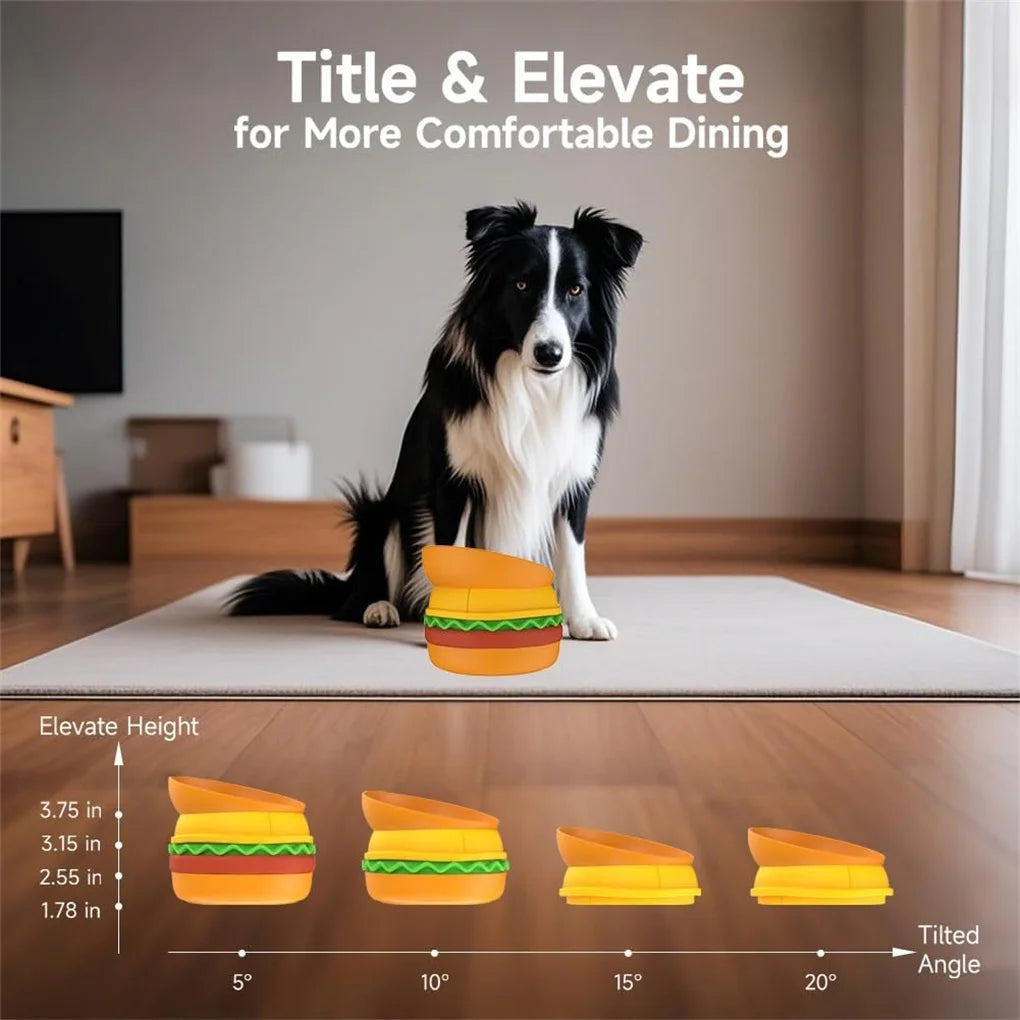 5-in-1 Burger Pet Bowls Set - Tilted Bowl, Elevated Bowl, Slow Feeder, Lick Mat, Non-slip Bowl for Dog & Cat