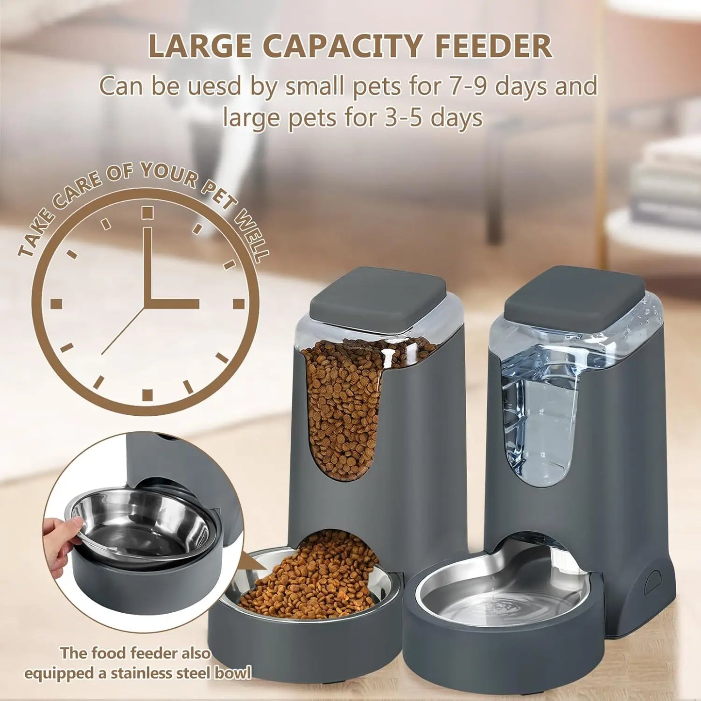 Automatic Pet Feeder and Water Dispenser with Stainless Steel Bowl for Cats and Dogs