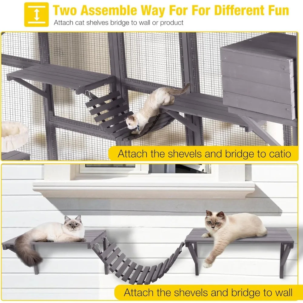 Catio Outdoor Cat Enclosure Window Box Wall Mounted Wooden Cat House Playground with Scratching Posts, Baskets, Resting House,