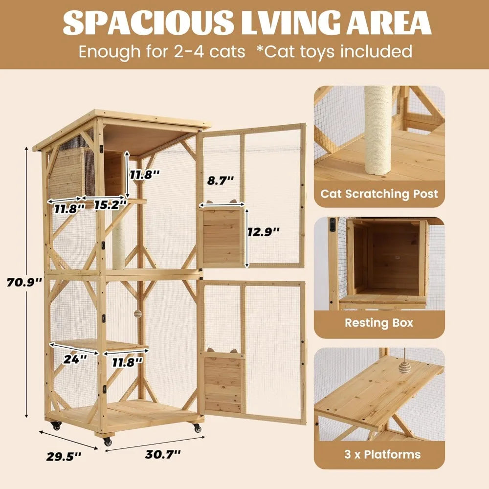 71 Catio Outdoor Cat Enclosure Window Access, 4 Tiers Cats Playpen with Wheels, Resting Box & Waterproof Roof, Indoor