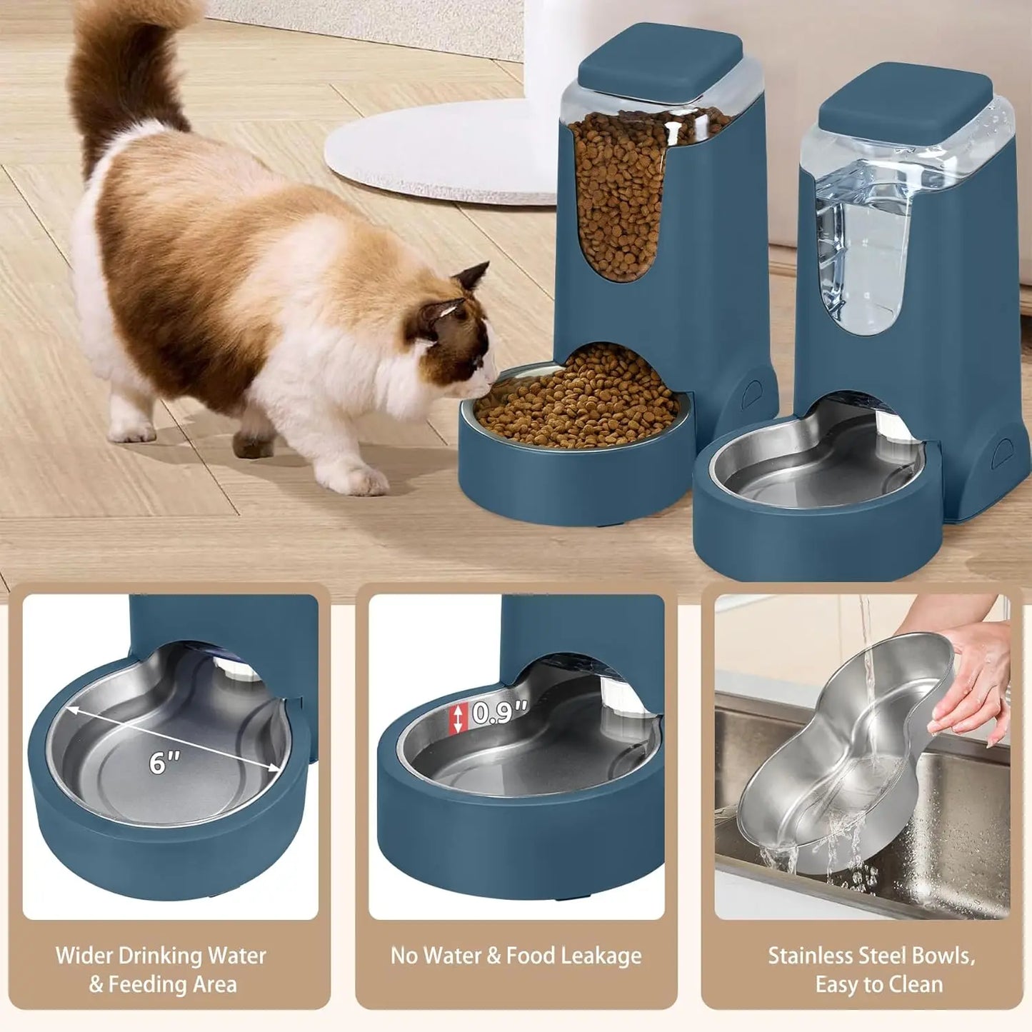 2-Pack Automatic Pet Feeder and Water Dispenser Set for Cats and Dogs, Stainless Steel Bowl, Navy Blue
