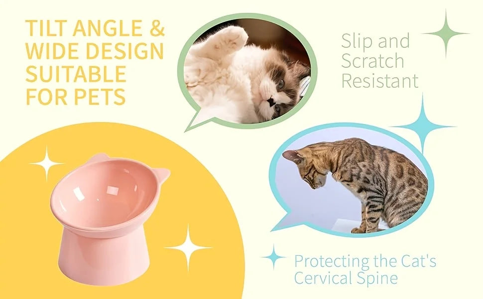 3-in-1 Elevated Cat Bowl Set, Raised Feeder with Anti-Slip Base & Cat-Ear Design for Multi-Cat Homes, Pink Green Blue