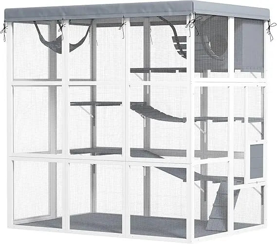 Catio Outdoor Cat Enclosure, Large Luxury Cat House Outside with Hammock, Condo, Jump Platforms, Ladders, Ramps, Tarp, Wa