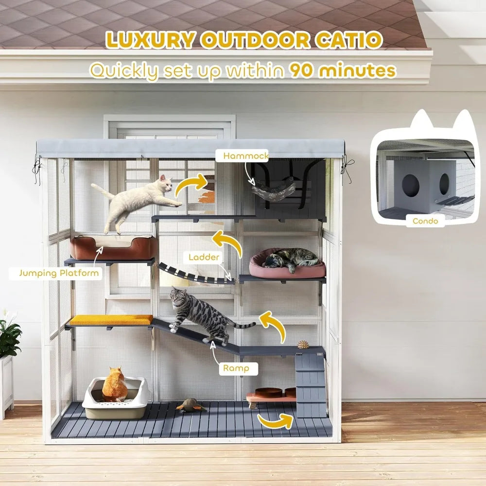Catio Outdoor Cat Enclosure, Large Luxury Cat House Outside with Hammock, Condo, Jump Platforms, Ladders, Ramps, Tarp, Wa