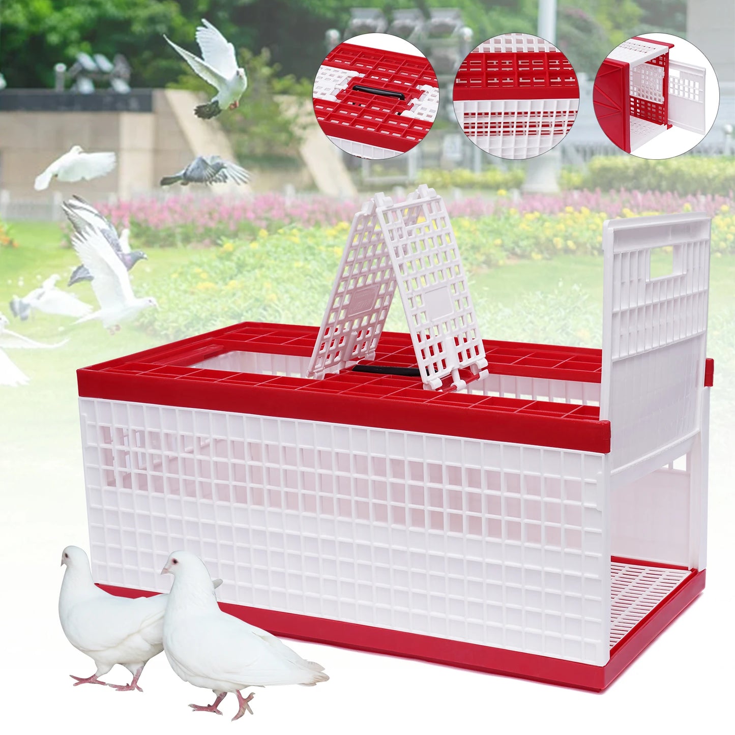 Foldable Pigeon Cage W/ Handle,Plastic Pigeon Carrier,Portable Travel Bird Cage for 14 Pigeons,3-Door Rectangle Transport Cage