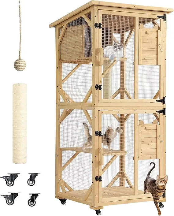 71 Catio Outdoor Cat Enclosure Window Access, 4 Tiers Cats Playpen with Wheels, Resting Box & Waterproof Roof, Indoor