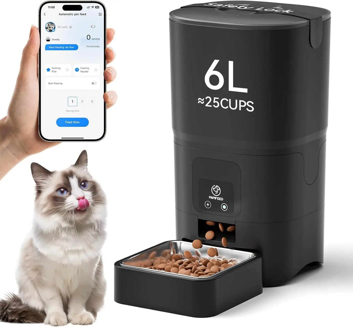 Automatic Cat Feeder, 6L Smart WiFi Pet Food Dispenser with App Control, Bluetooth Setup, Stainless Steel Bowl
