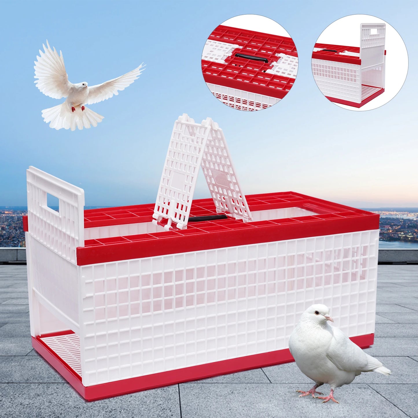 Foldable Pigeon Cage W/ Handle,Plastic Pigeon Carrier,Portable Travel Bird Cage for 14 Pigeons,3-Door Rectangle Transport Cage