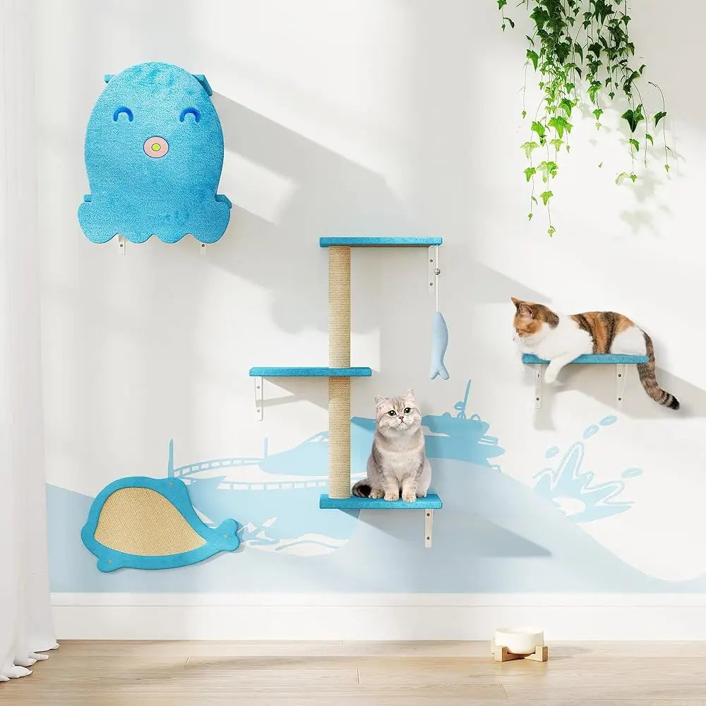 Cat Wall Furniture，Sturdy&Safe 4 In 1 Cat Wall Shelves,Fashion Unique Wooden Climber With Pet House，Scratching Board & Catio