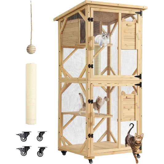 71 Catio Outdoor Cat Enclosure Window Access, 4 Tiers Cats Playpen with Wheels, Resting Box & Waterproof Roof, Indoor