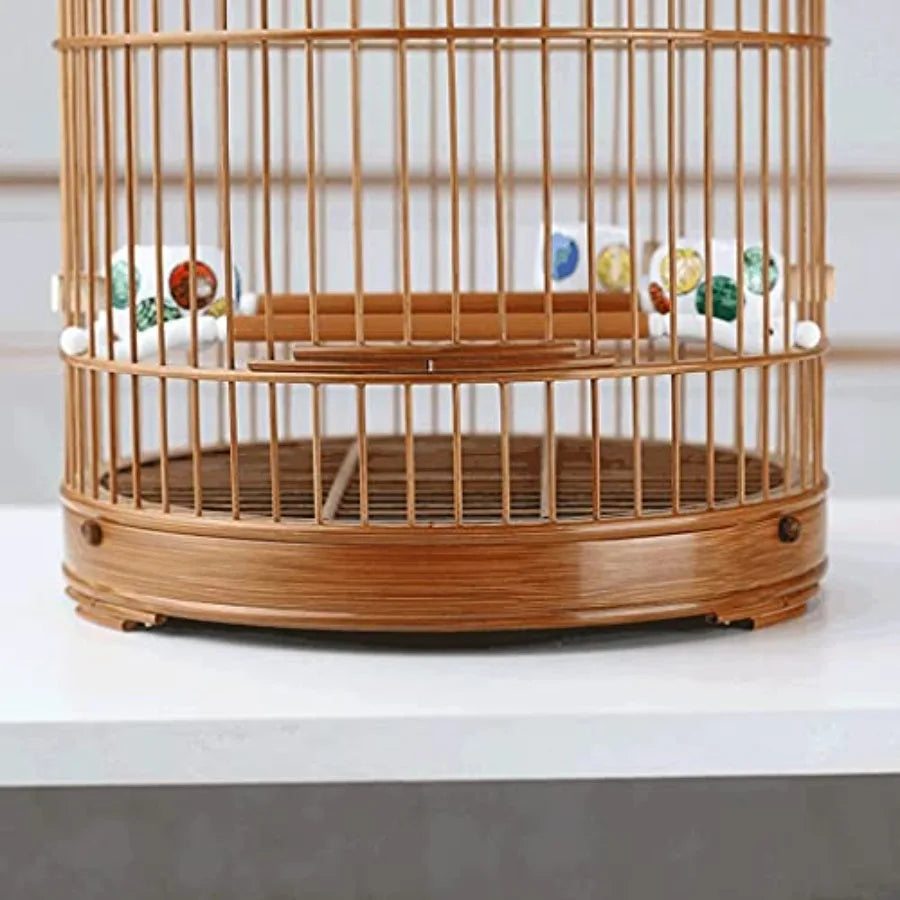 LIOONS Birdcages Bamboo Bird Flight Cage Portable Birdcage Simple Retro Bird Cage Round Bird House Carrier with Rolling Stand