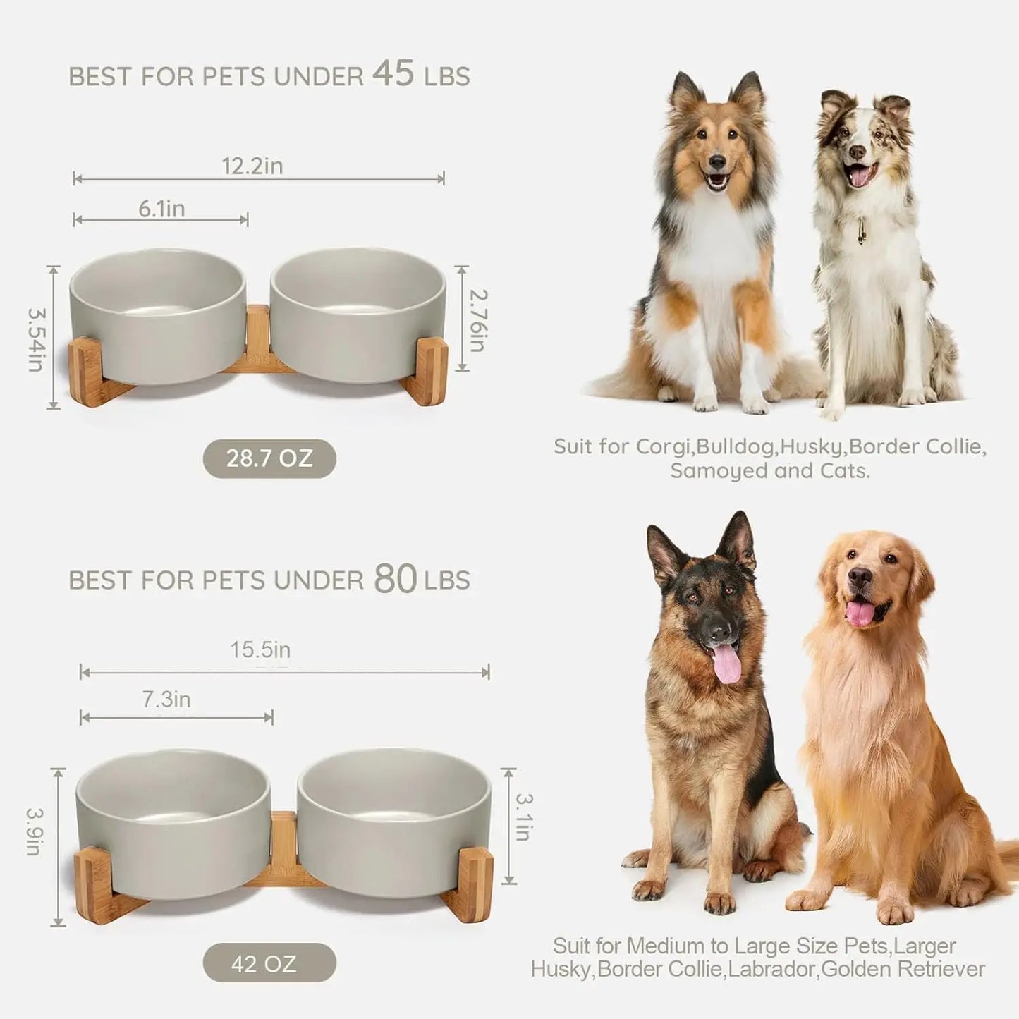 Ceramic Pet Bowl Set with Wooden Stand, Weighted Food Water Dishes for Medium Large Dogs (42 OZ, 2 Grey)