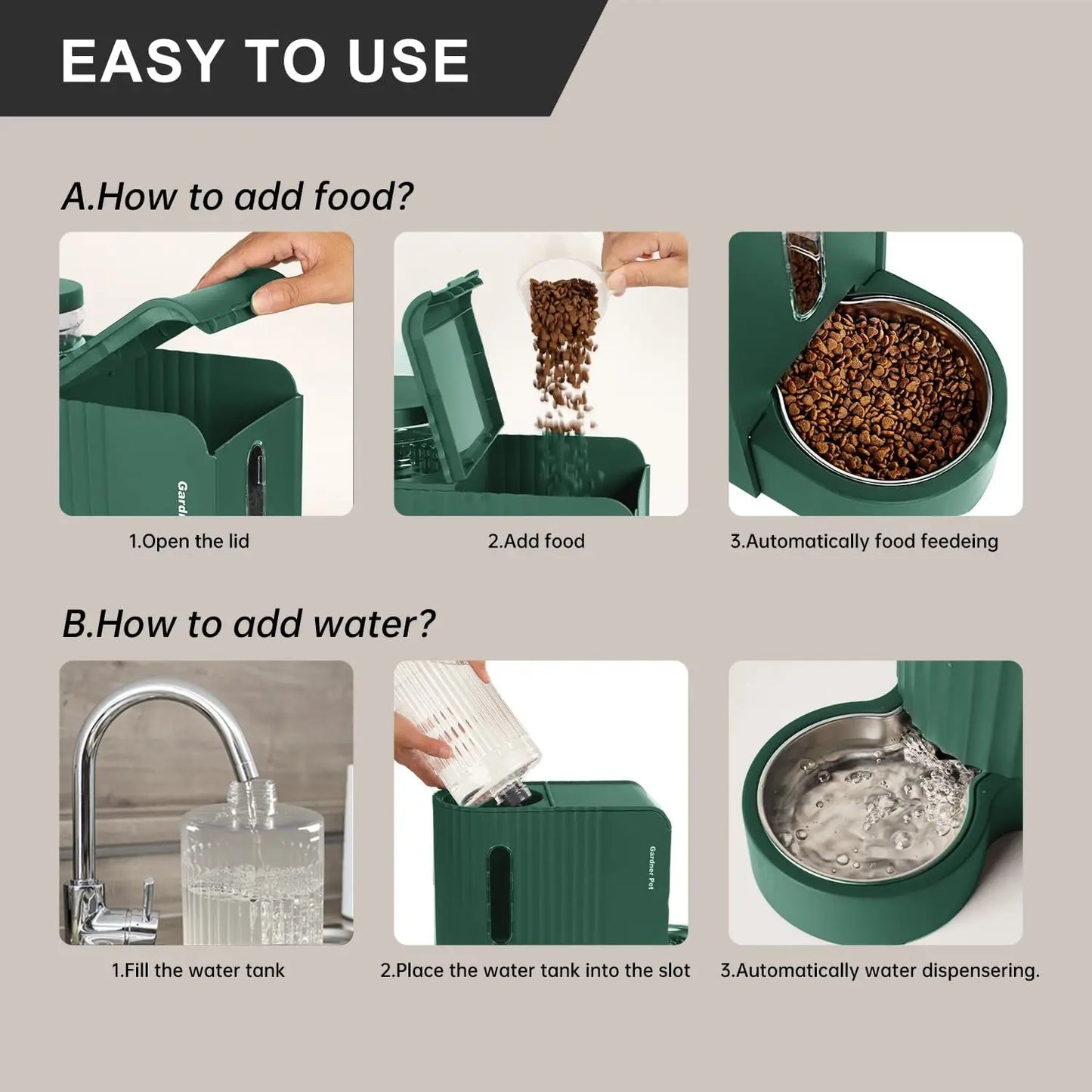 SUNTUG 2-in-1 Gravity Pet Feeder Water Dispenser 0.8Gal*2 BPA-Free Stainless Steel Bowl for Dog Cat Green