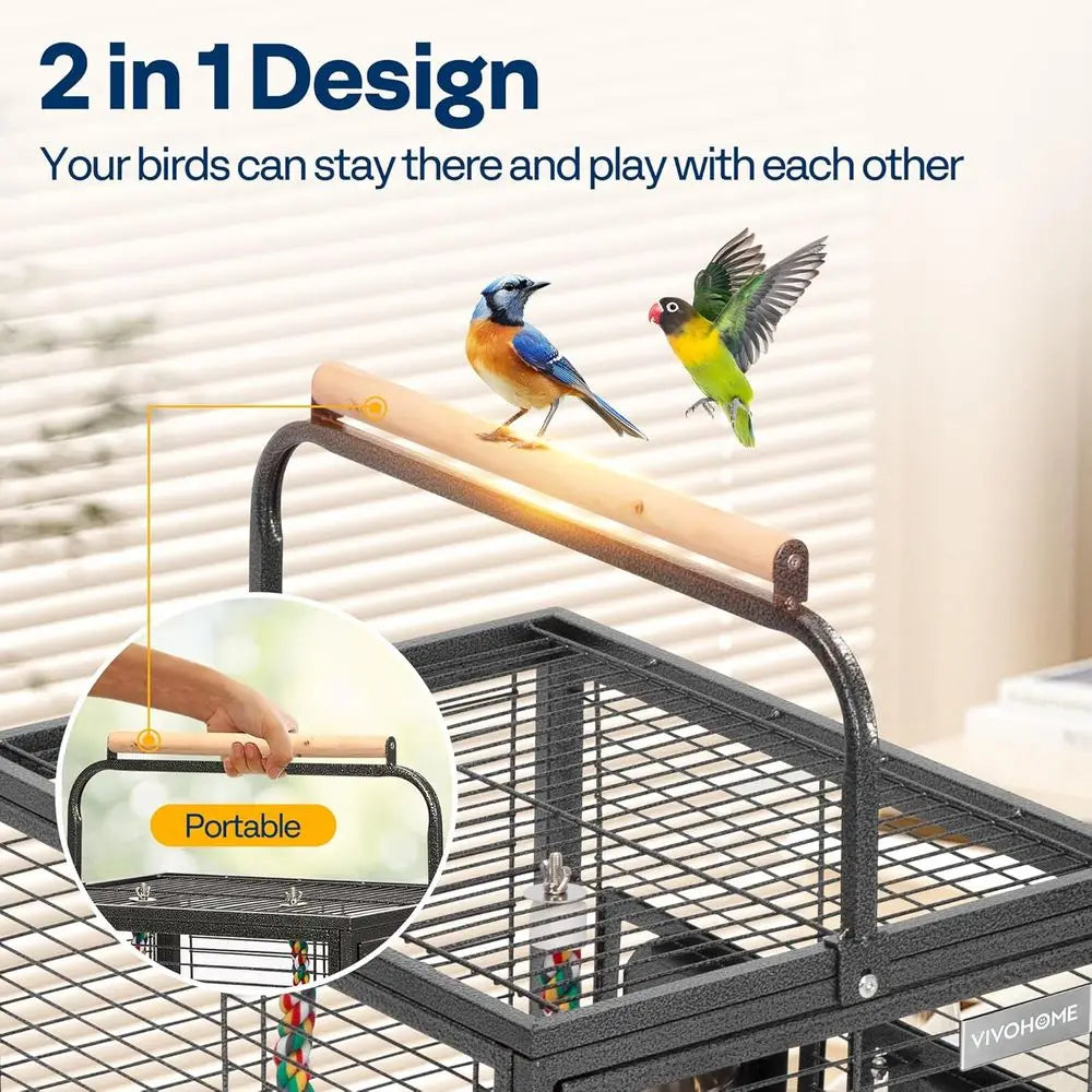 19 Inch Wrought Iron Bird Travel Carrier Cage for Parrots, Conures, Lovebirds, Cockatiels, Parakeets