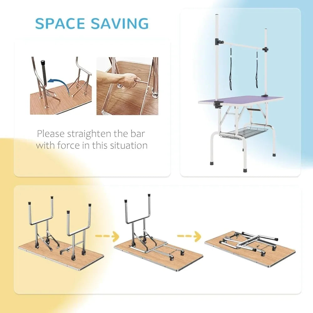 "collapsible stainless steel dog grooming table supporting up to 330lbs, ideal for professional pet bathing and drying"