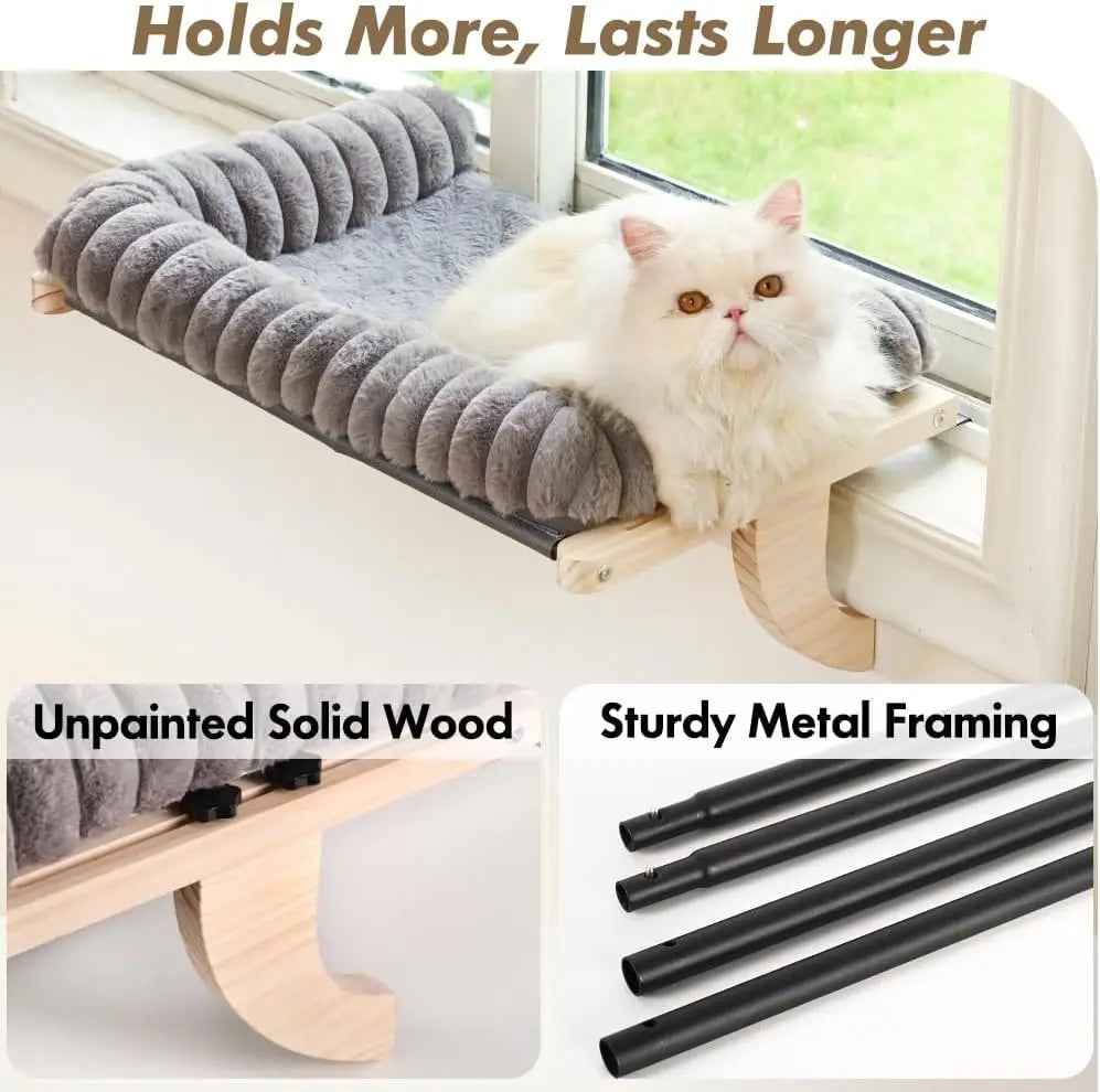 Cloud-Soft Cat Window Sill Perch with Zipper Designed Cushioned Bed, Supportive Cat Window Seat with Premium Solid Wood
