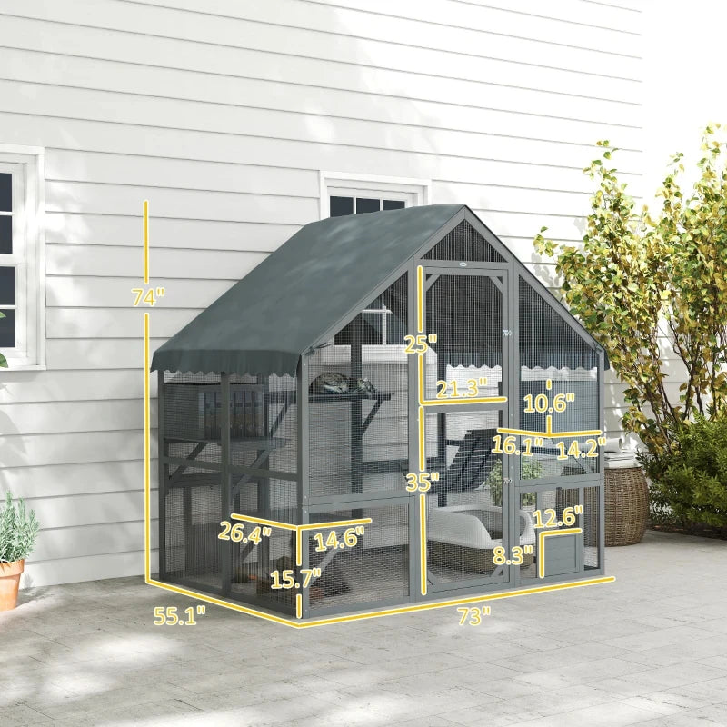 Large Outdoor Cat Patio (73" W) - 6-Tier Catio with Condos, Platforms & Ladder, Fir Wood, Waterproof & Anti-UV Design