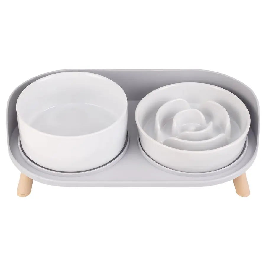 Slow Feeder Dog Bowls Ceramic Food and Water Bowl Set with Stand Raised Pet Dishes for Small and Medium Sized Dogs