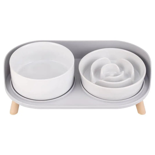 Slow Feeder Dog Bowls Ceramic Food and Water Bowl Set with Stand Raised Pet Dishes for Small and Medium Sized Dogs
