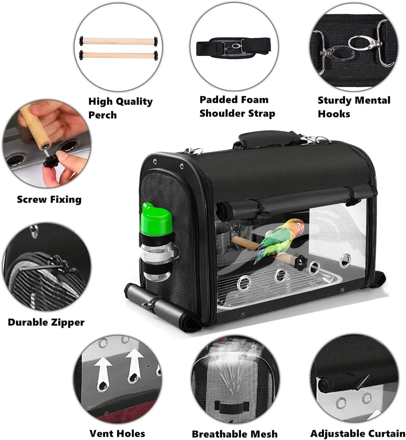 Lightweight Bird Travel Cage with Stand, Portable Backpack for Parrots, Transparent Breathable Pet Carrier in Black