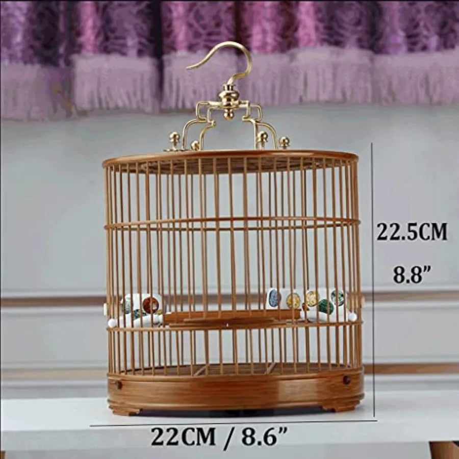 LIOONS Birdcages Bamboo Bird Flight Cage Portable Birdcage Simple Retro Bird Cage Round Bird House Carrier with Rolling Stand