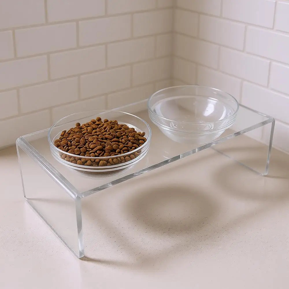 Elevated Double Bowl Pet Feeder with Removable Glass and Stainless Steel Bowls, 7.2 Tall