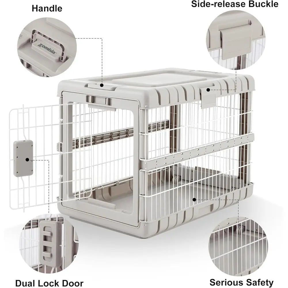 Collapsible Dog Crate, 28 L, No Tools Required, 4 Sides Steel Cage, Portable Carrier with 2 Wheels for Travel