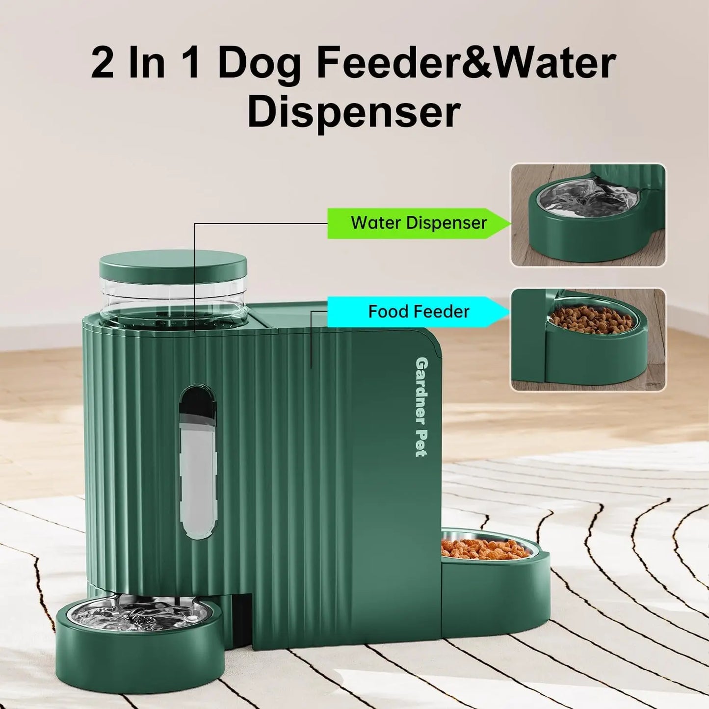 SUNTUG 2-in-1 Gravity Pet Feeder Water Dispenser 0.8Gal*2 BPA-Free Stainless Steel Bowl for Dog Cat Green