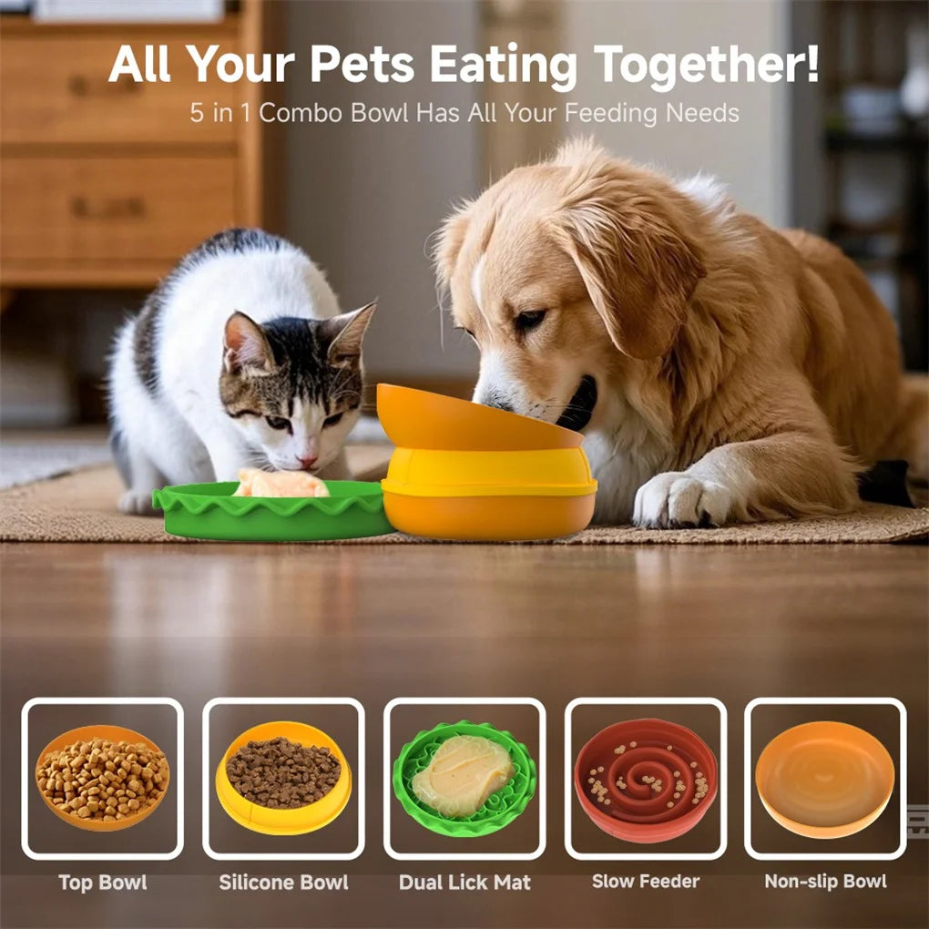 5-in-1 Burger Pet Bowls Set - Tilted Bowl, Elevated Bowl, Slow Feeder, Lick Mat, Non-slip Bowl for Dog & Cat