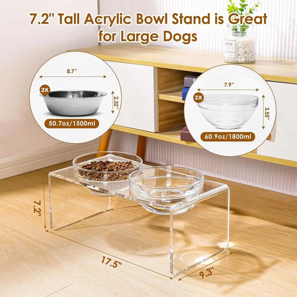Elevated Double Bowl Pet Feeder with Removable Glass and Stainless Steel Bowls, 7.2 Tall