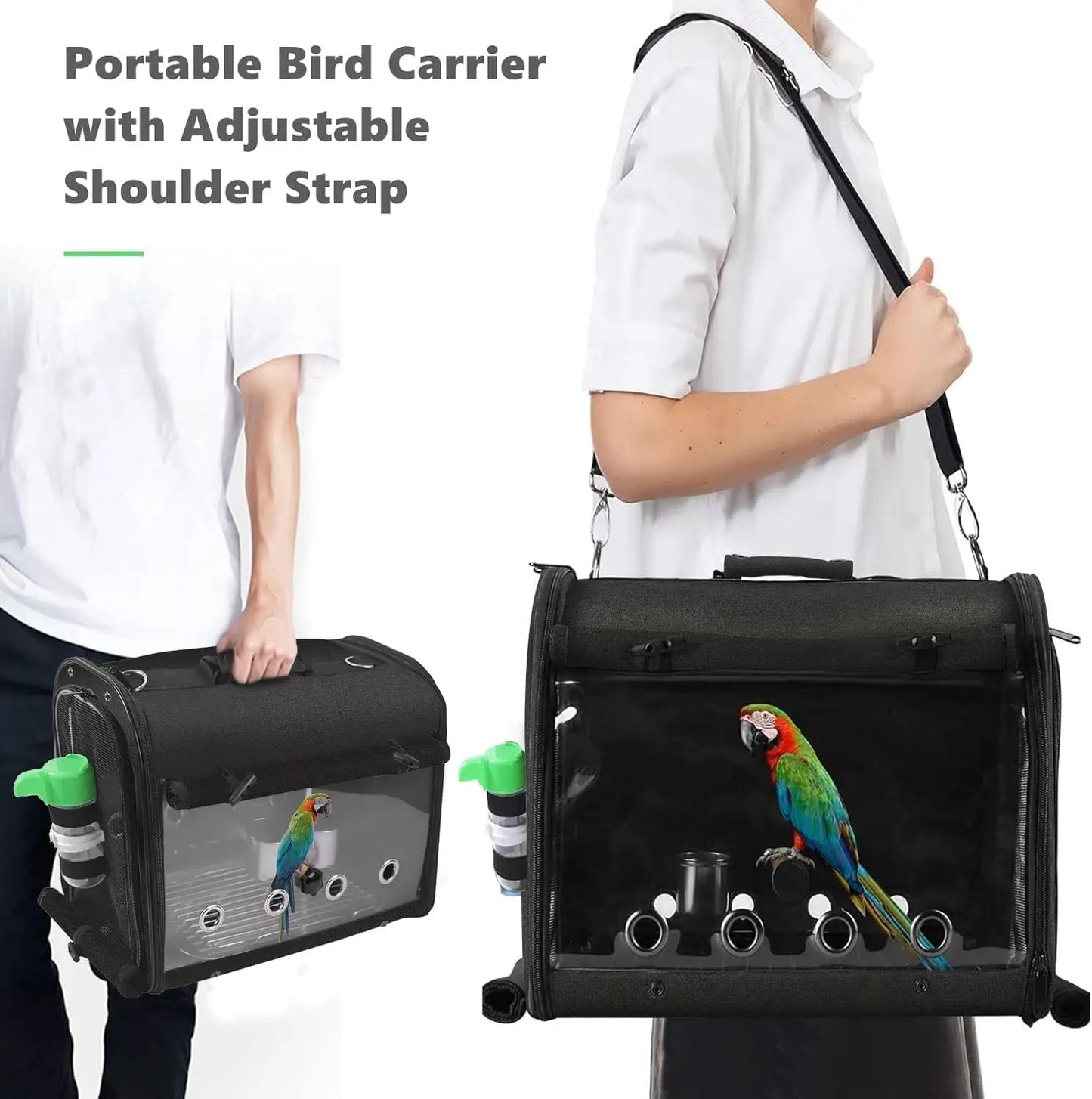 Lightweight Bird Travel Cage with Stand, Portable Backpack for Parrots, Transparent Breathable Pet Carrier in Black