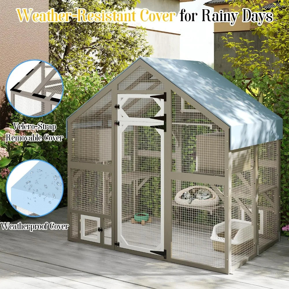 Catio Outdoor Enclosure for Multiple Cats, Large Wooden Walk-in Cat House with Window Connection, 2 Condos, Platforms, Doors