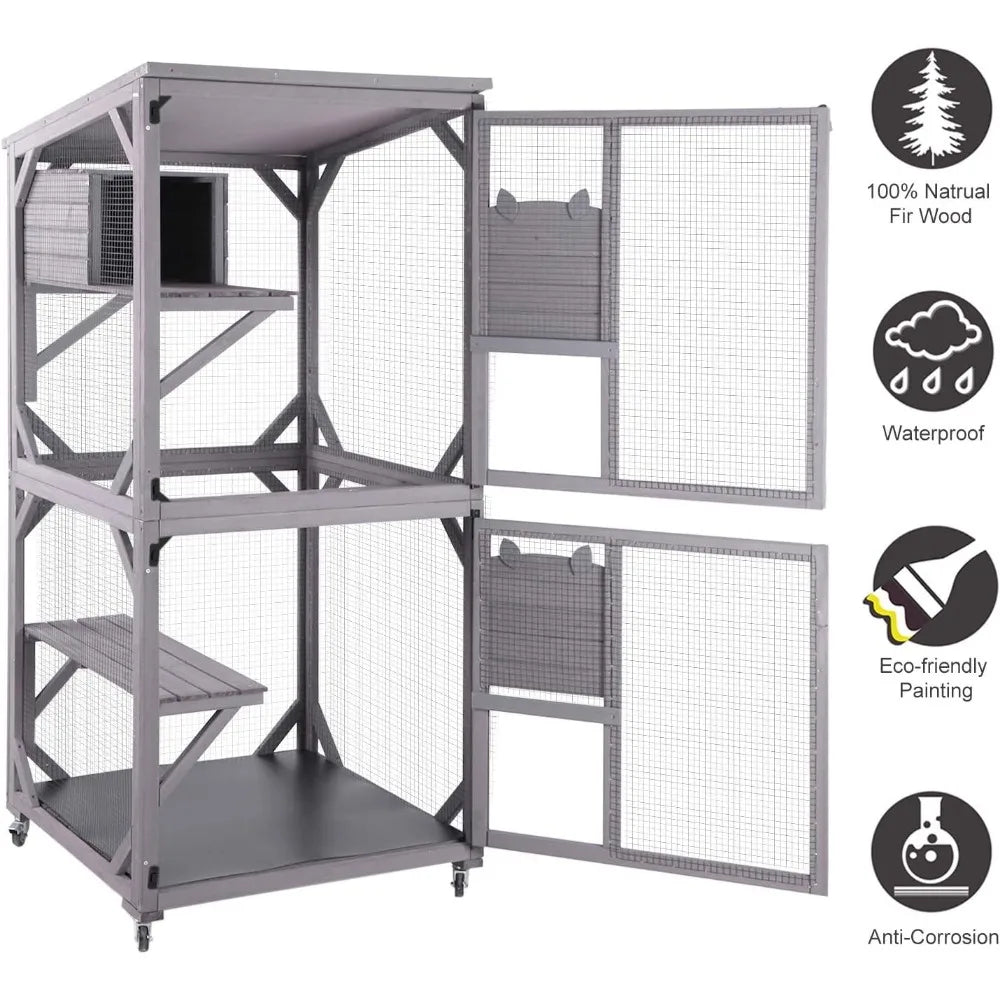 Cat Catio Kitty House Outdoor and Indoor Run Large Wooden Cat Enclosure on Wheels 70.9" Upgraded Version Kennel Cage with Reinf