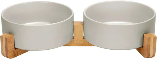 Ceramic Pet Bowl Set with Wooden Stand, Weighted Food Water Dishes for Medium Large Dogs (42 OZ, 2 Grey)
