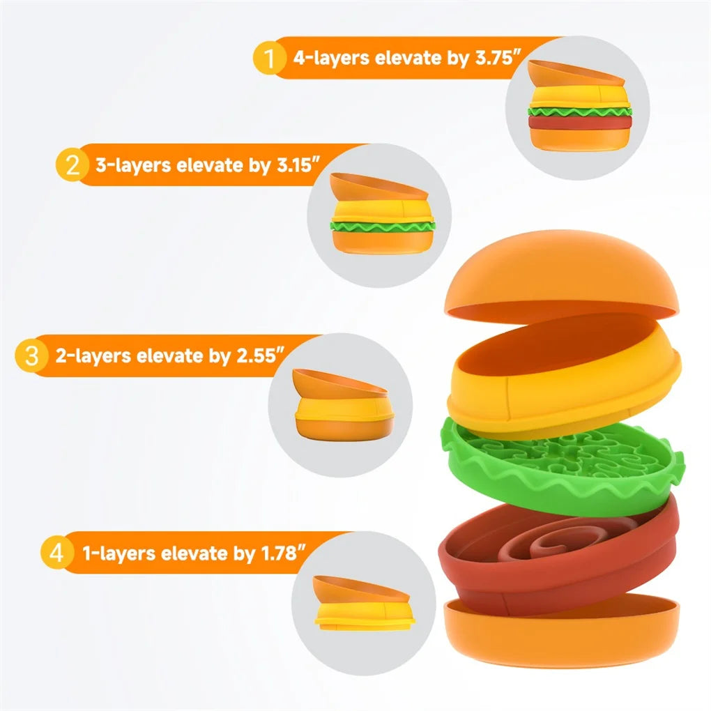 5-in-1 Burger Pet Bowls Set - Tilted Bowl, Elevated Bowl, Slow Feeder, Lick Mat, Non-slip Bowl for Dog & Cat