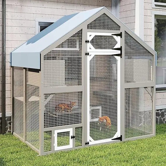 Catio Outdoor Enclosure for Multiple Cats, Large Wooden Walk-in Cat House with Window Connection, 2 Condos, Platforms, Doors