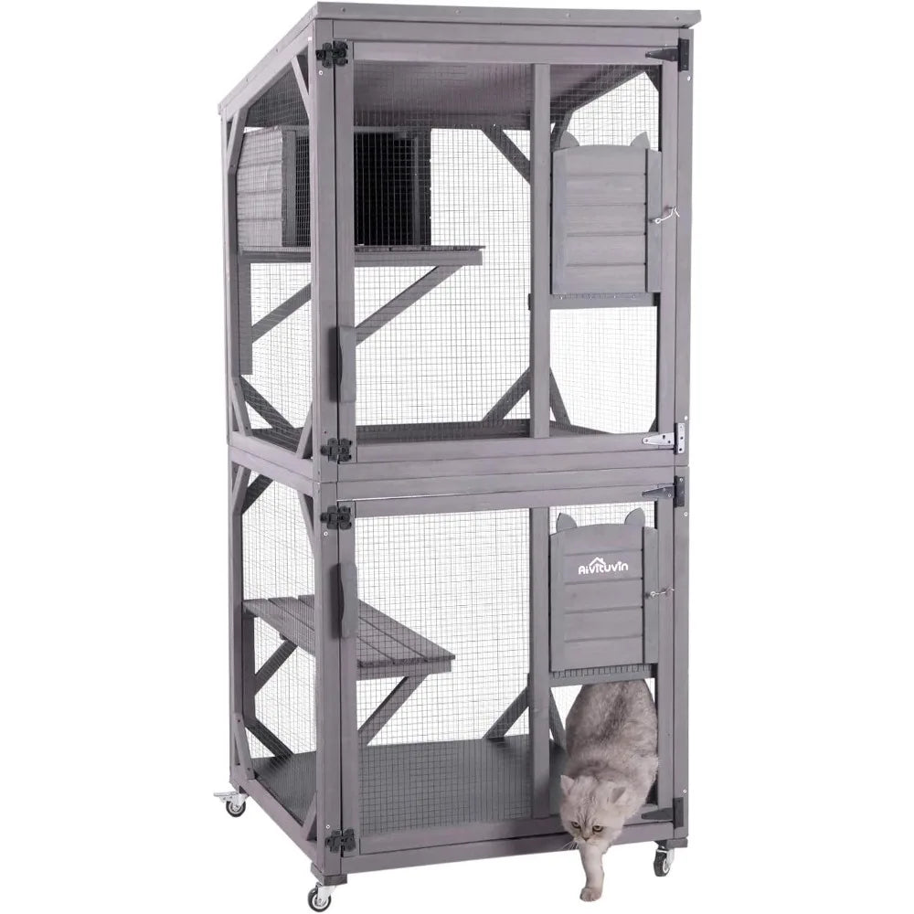 Cat Catio Kitty House Outdoor and Indoor Run Large Wooden Cat Enclosure on Wheels 70.9" Upgraded Version Kennel Cage with Reinf