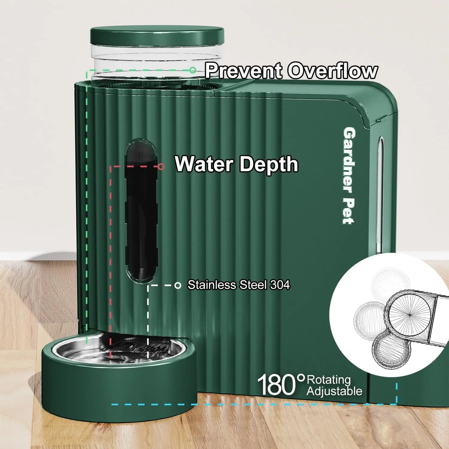 SUNTUG 2-in-1 Gravity Pet Feeder Water Dispenser 0.8Gal*2 BPA-Free Stainless Steel Bowl for Dog Cat Green