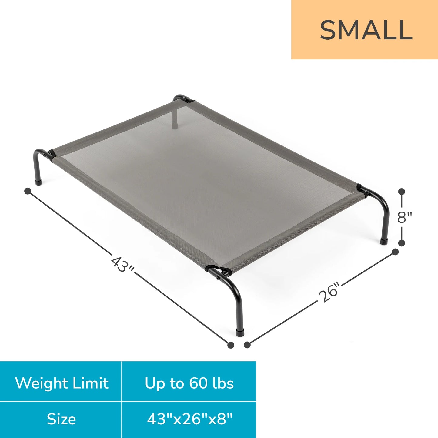 Elevated Dog Bed 43"D X 26"W X 8"H - Gray, Durable Textilene Mesh for Comfort, Breathable Design for Cooling & Joint Support