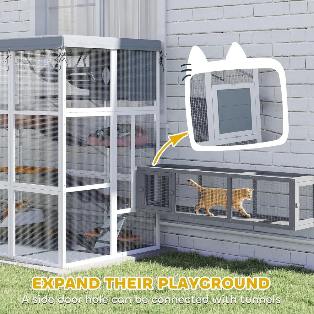 Catio Outdoor Cat Enclosure, Large Luxury Cat House Outside with Hammock, Condo, Jump Platforms, Ladders, Ramps, Tarp, Wa